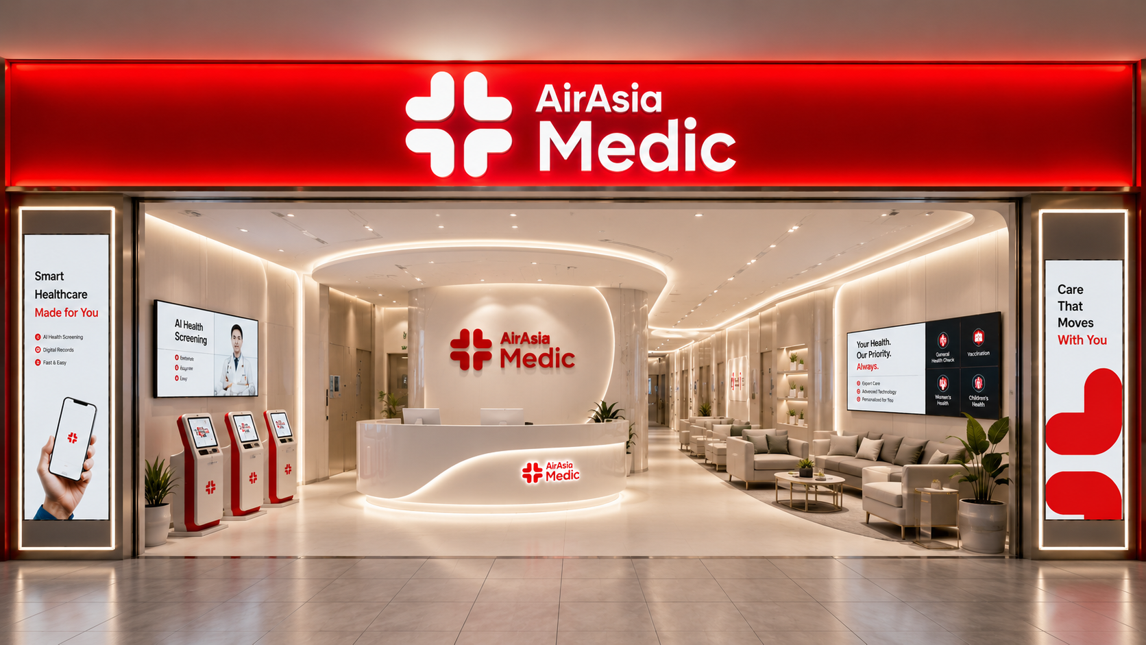 AirAsia Medic clinic storefront — modern specialist clinic entrance and reception